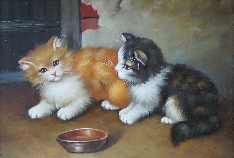 A decorative oil on board, Study of two cats, unsigned, 11 x 16cm, ornate gilt frame. Condition - good